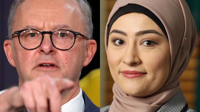 a composite image shows a man with glasses pointing and a woman in a muslim headscarf smiling