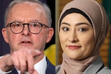a composite image shows a man with glasses pointing and a woman in a muslim headscarf smiling