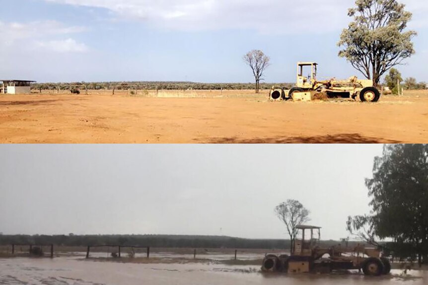 Before and after composite photo of rain at Milray property in the Blackall-Tambo shire.