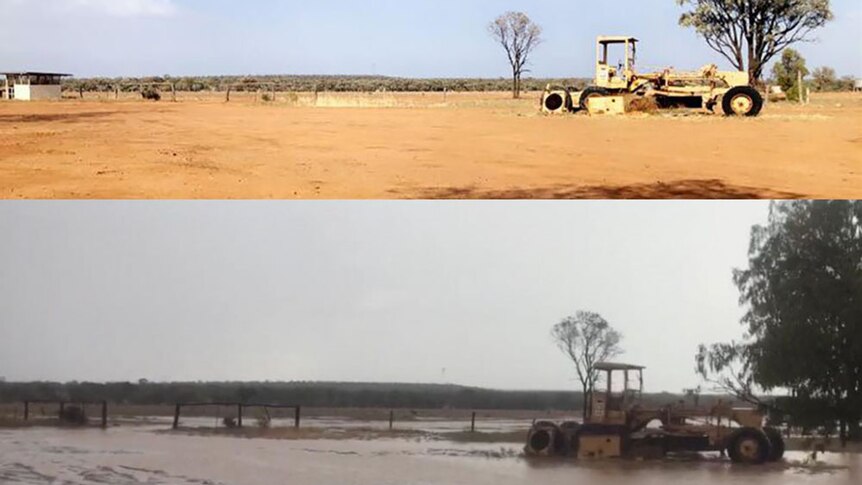 Before and after composite photo of rain at Milray property in the Blackall-Tambo shire.