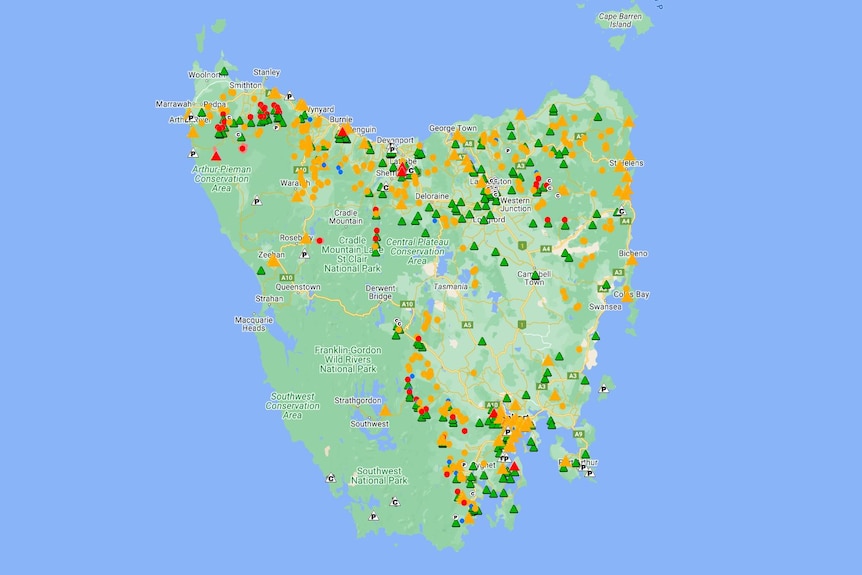 Map of planned burns across Tasmania.