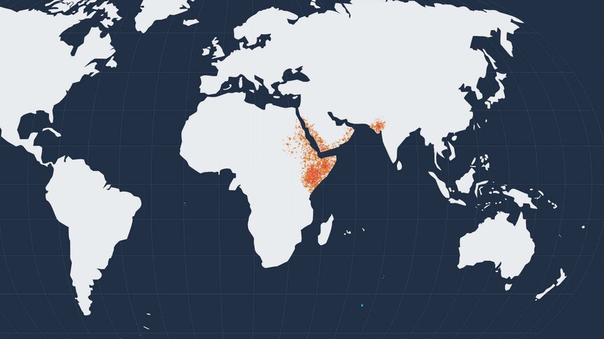 A world map. Red dots represent areas the locusts have swarmed - the north-east coast of Africa, Saudi Arabia and edge of India.