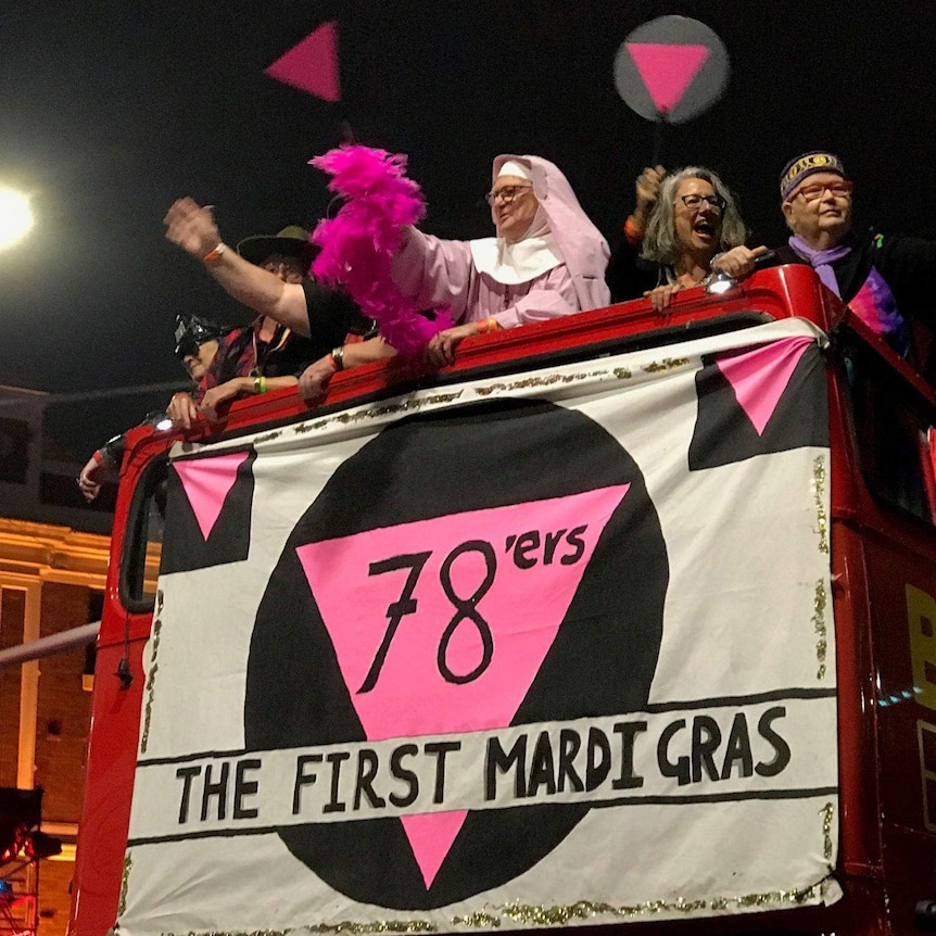 "78ers" on board a bus during the Sydney Mardi Gras