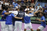 France celebrate its return to the Davis Cup final after victory in the doubles.