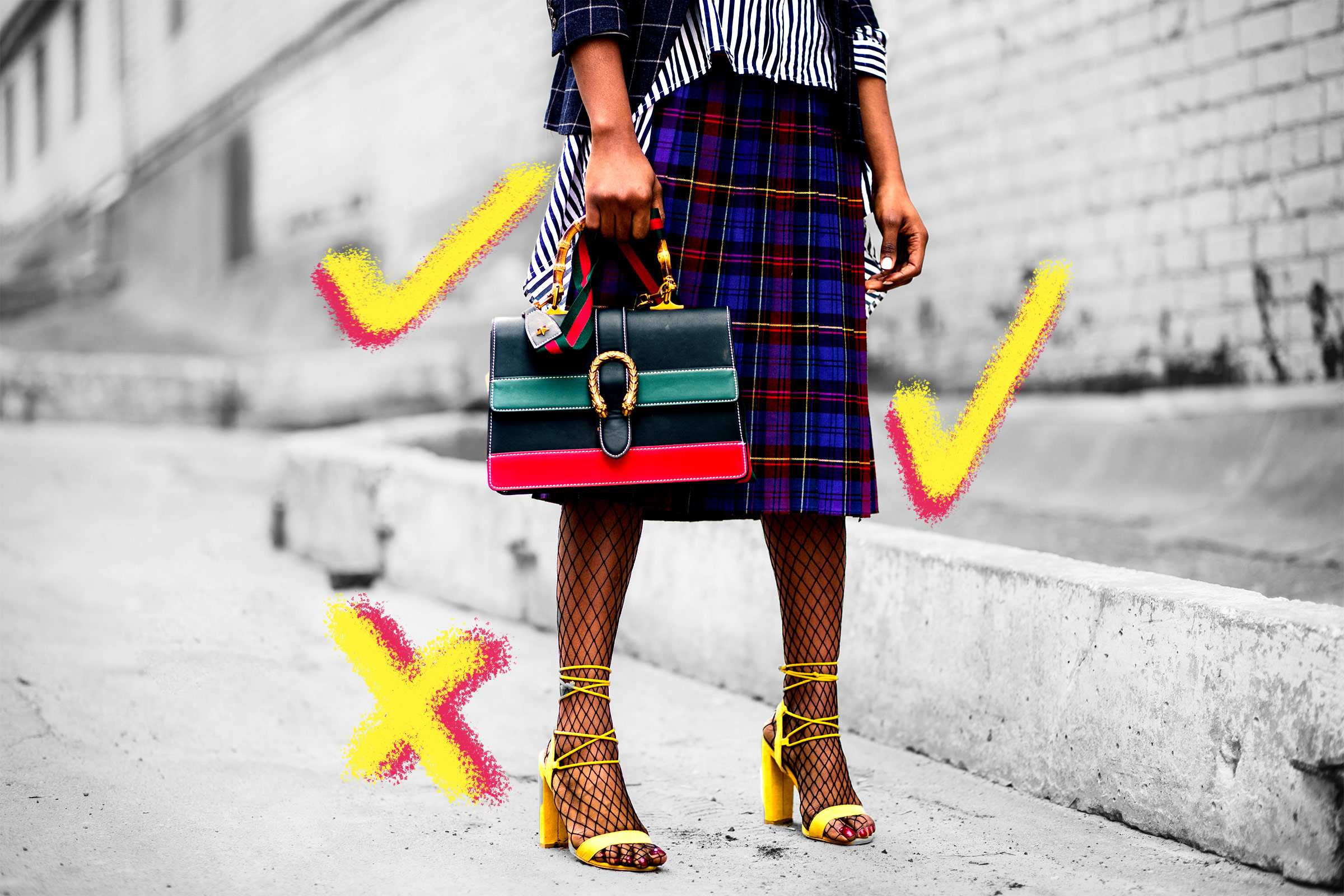 Woman holding handbag with illustrated ticks and crosses over her outfit, indicating ethical fashion and clothing choices.