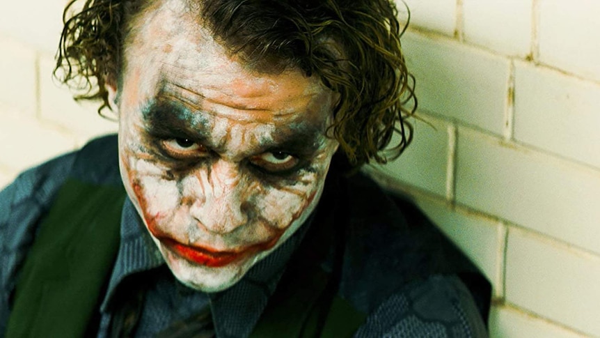 Heath ledger in his portrayal of batman villain The Joker