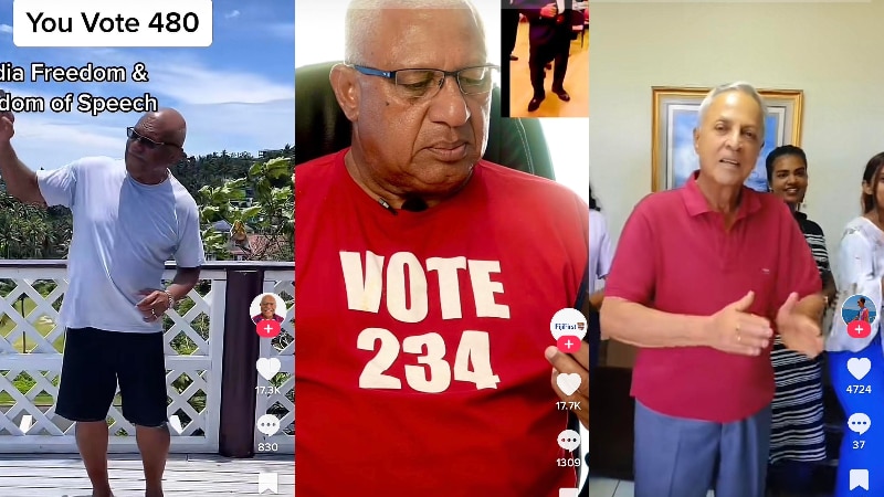 A composite image of three Fijian politicians doing various skits on social media platform TikTok