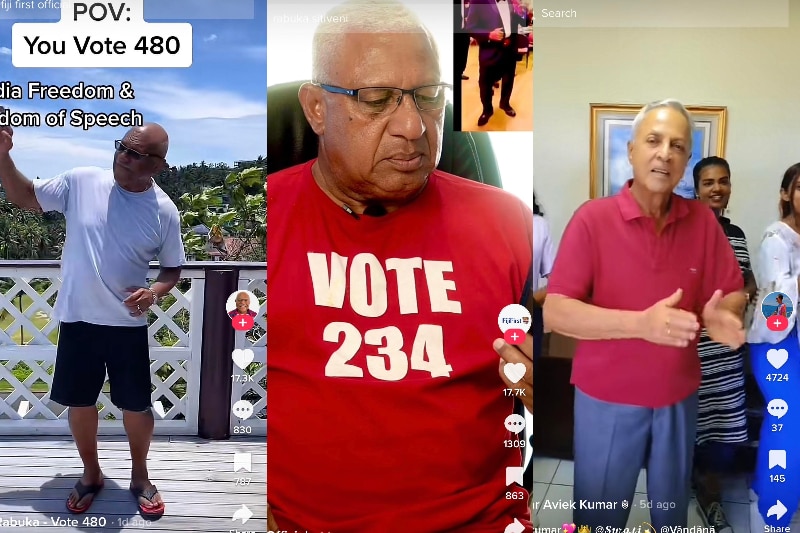 A composite image of three Fijian politicians doing various skits on social media platform TikTok