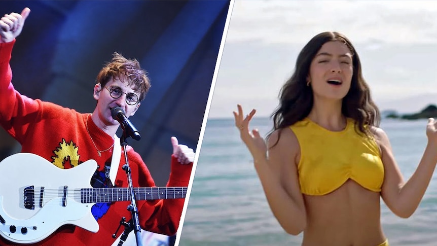 A collage of Glass Animals' Dave Bayley and Lorde in her 'Solar Power' video