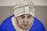 A court sketch of a woman in a white headscarf, wearing a mask and a black and white jacket.