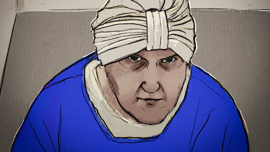 A court sketch of a woman in a white headscarf, wearing a mask and a black and white jacket.