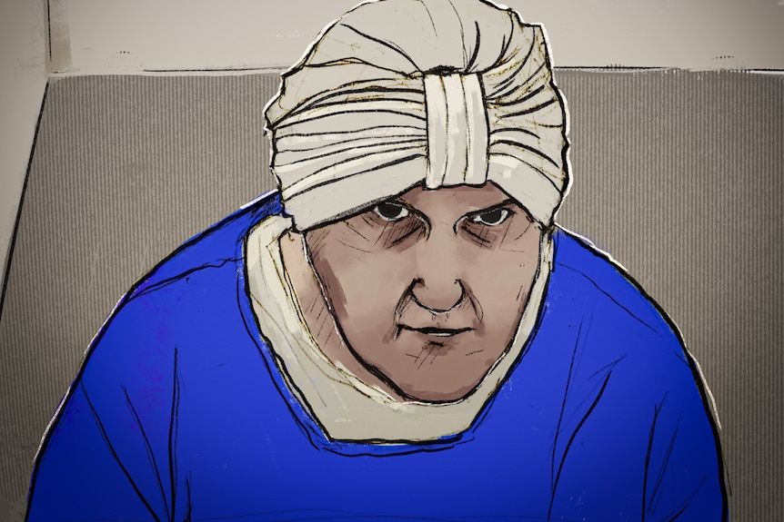 A court sketch of a woman in a white headscarf, wearing a mask and a black and white jacket.