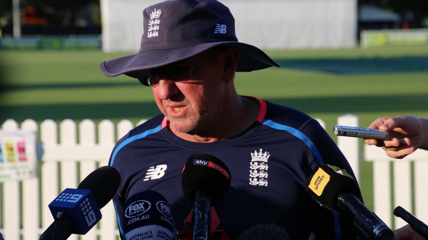 England Cricket coach Trevor Bayliss addresses a media conference.