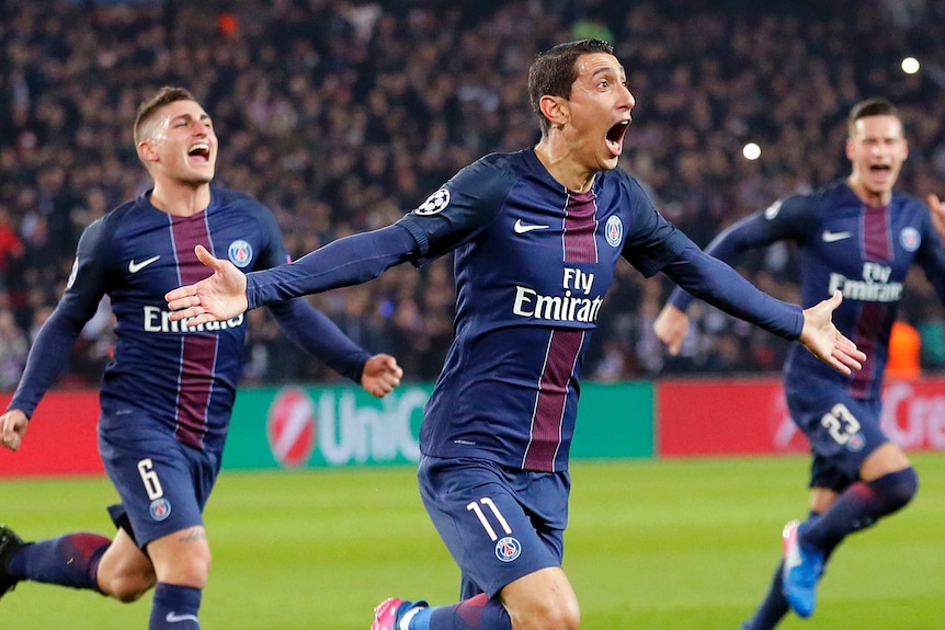 Angel Di Maria celebrates a goal for PSG