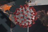 Composite image showing a map of the world, he COVID virus, Facebook logo and a Tweet