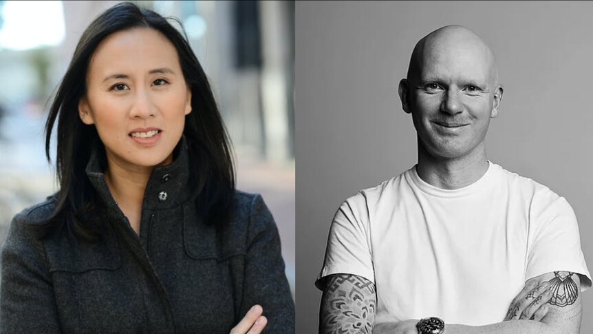 Author headshots, on left, Celeste Ng and on right, Chris Flynn