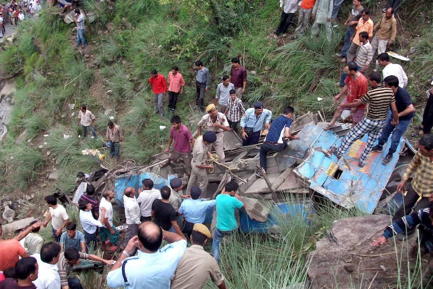 The scene of a bus crash in northern India