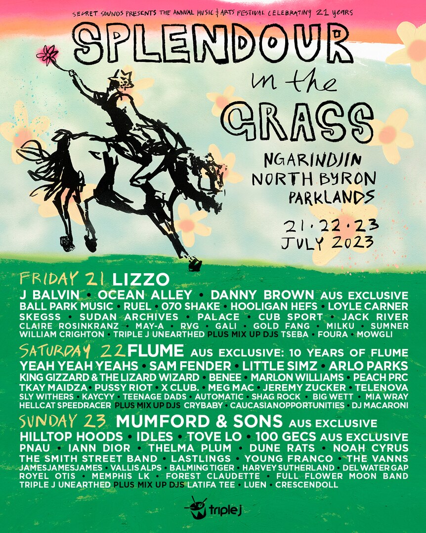 Line-up poster for Splendour In The Grass shows white text on a green background with a sketch of a cowboy on a bucking horse