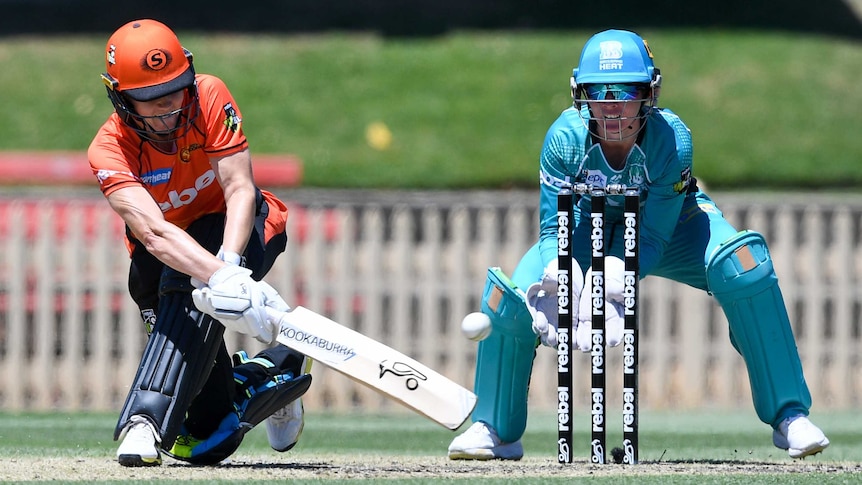 Nat Sciver attempts a sweep shot for the Scorchers against the Heat in their WBBL match at North Sydney Oval.