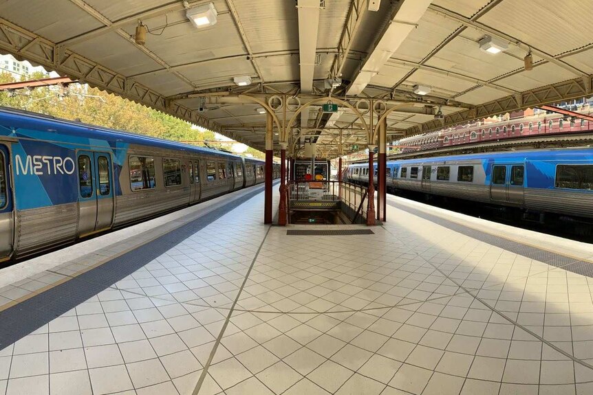 An empty train platform with two stationary trains and no people.