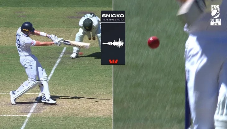 Uma tela dividida de um batedor de críquete aparentemente errando um arremesso enquanto Snicko mostra um murmúrio