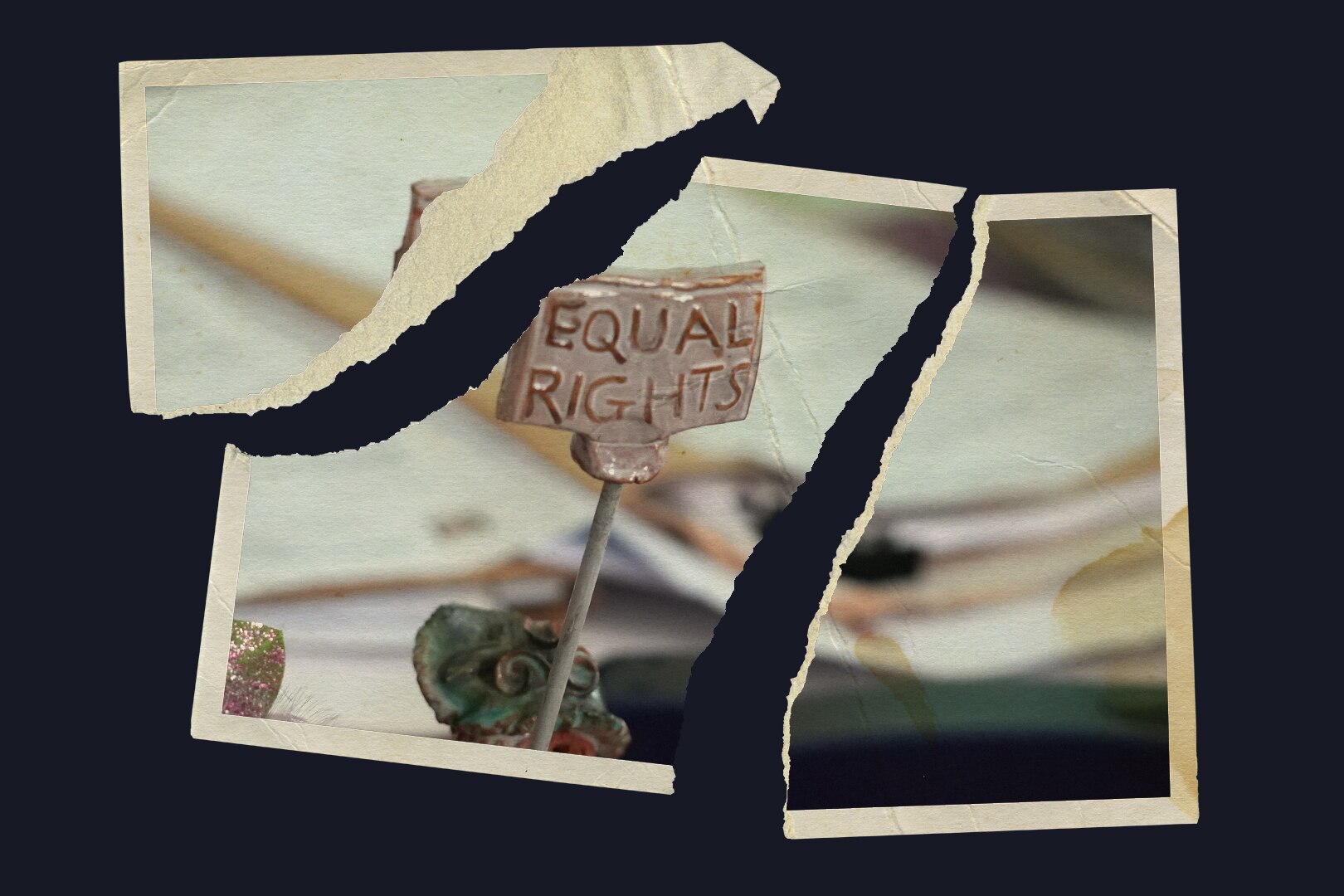 A torn photo of an equal rights flier.