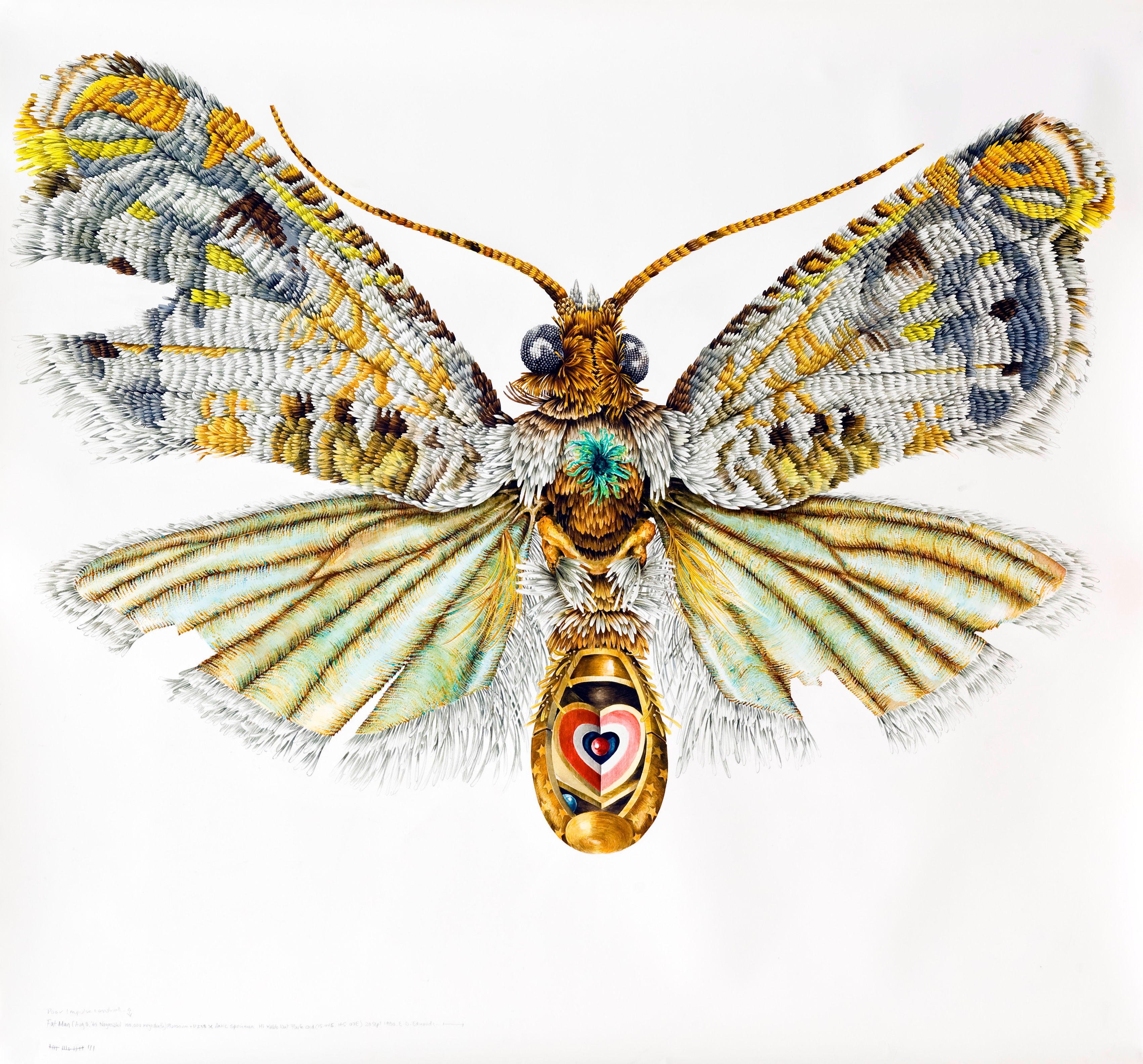 A highly detailed painting of a yellow-toned moth with open wings. The lower body of the moth has a heart on it.
