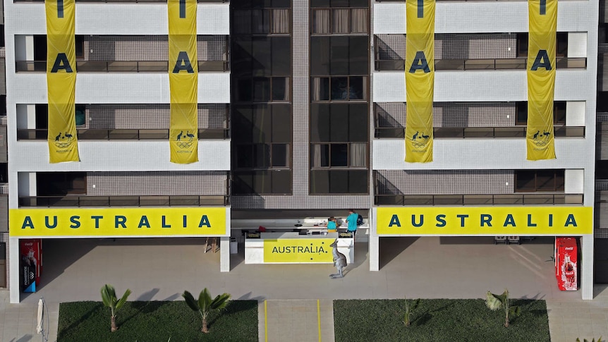 A kangaroo sits outside Australia's part of the Olympic Village in Rio de Janeiro