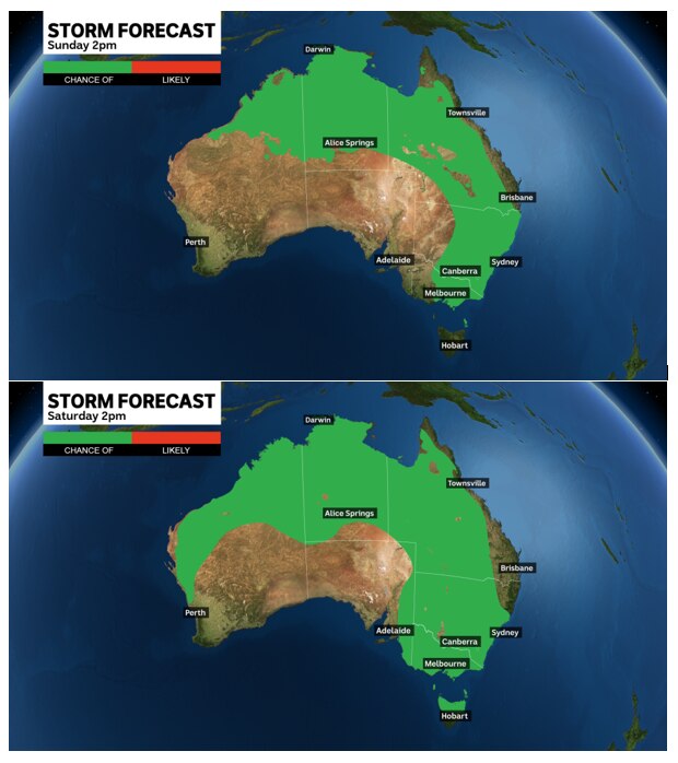 Two maps of Australia showing big green patches stretching across the country where storms are forecast this weekend