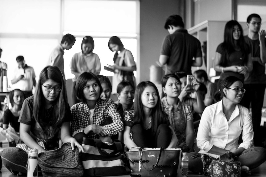 Women listening during a self defence class at the Myanmar Women's Self Defence Centre.