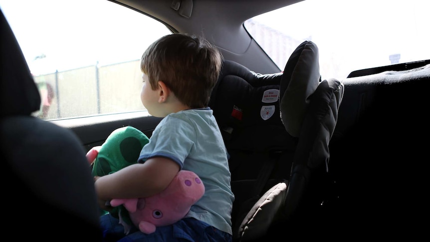 A child sits in a car seat holding a toy and looking out the window