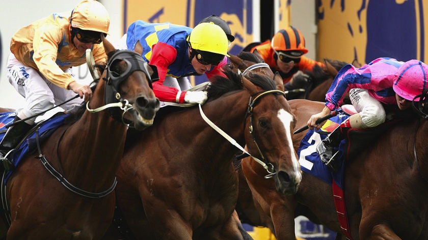 Surprise win... jockey Stephen Baster rides Shinzig (l) home to claim the CF Orr Stakes