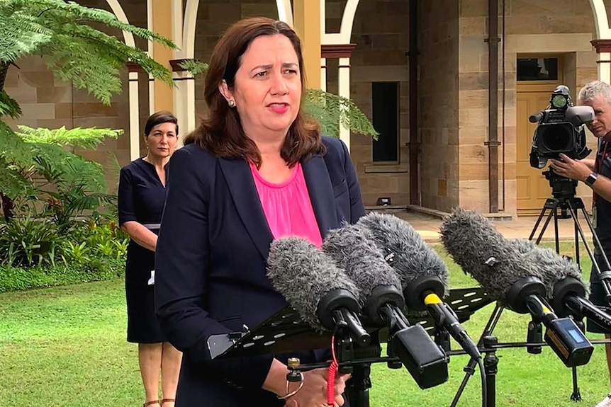 Queensland Premier holding a media conference on the parliamentary green