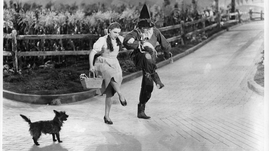 A Wizard of Oz screenshot showing Judy Garland and Ray Bolger walking with dog Toto.