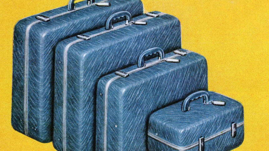 Vintage illustration of matched set of blue hard-case luggage; screen print, 1940s.