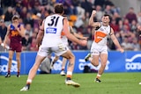 Brent Daniels reacts after kicking the winning goal for GWS against Brisbane
