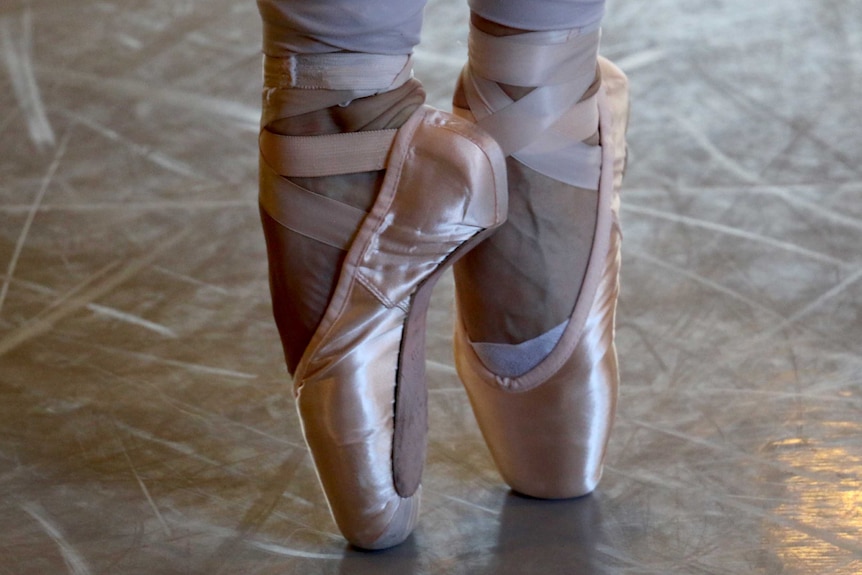 pale pink satin ballet shoes  en pointe.