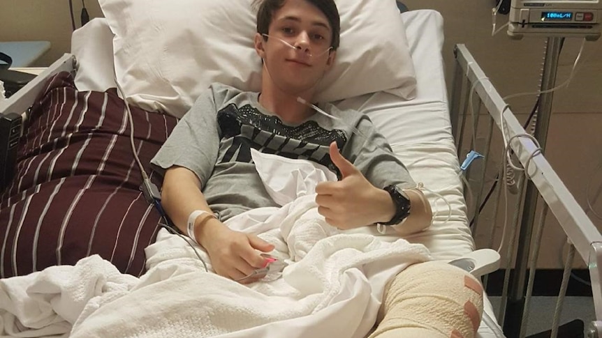 Adam Bart in hospital with his broken leg