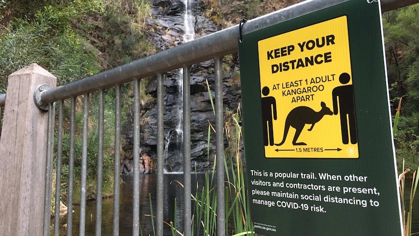 A fence with a sign saying to stay one kangaroo apart with a waterfall behind