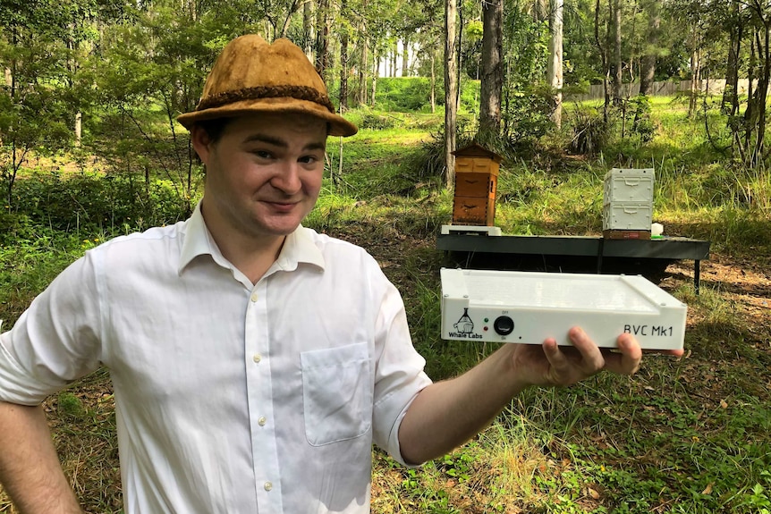 James Watts with his bee venom harvesting device