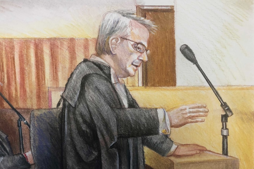A sketch shows Mark Gibson at a lectern addressing the court.