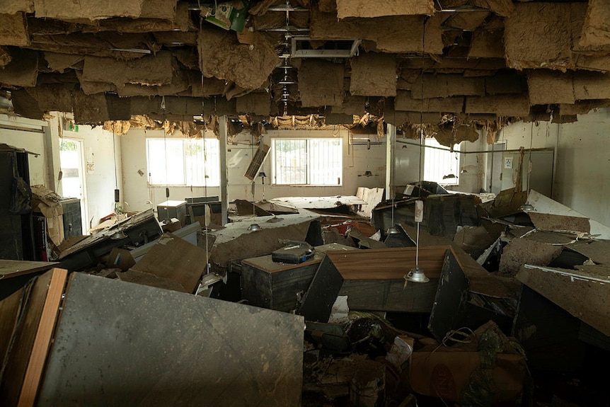The interior of a flood-damaged building 