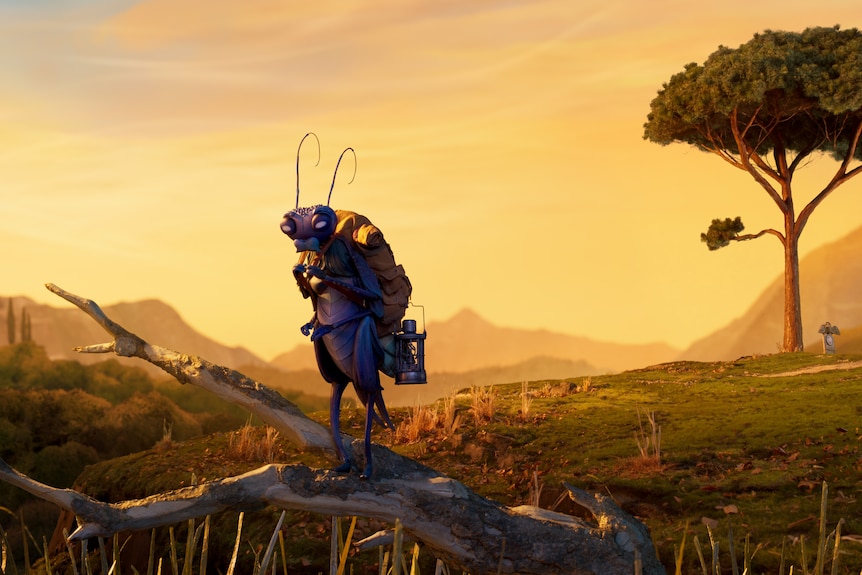 A warm animated grassy landscape with a purple cricket in the foreground on a log and wearing a yellow backpack.