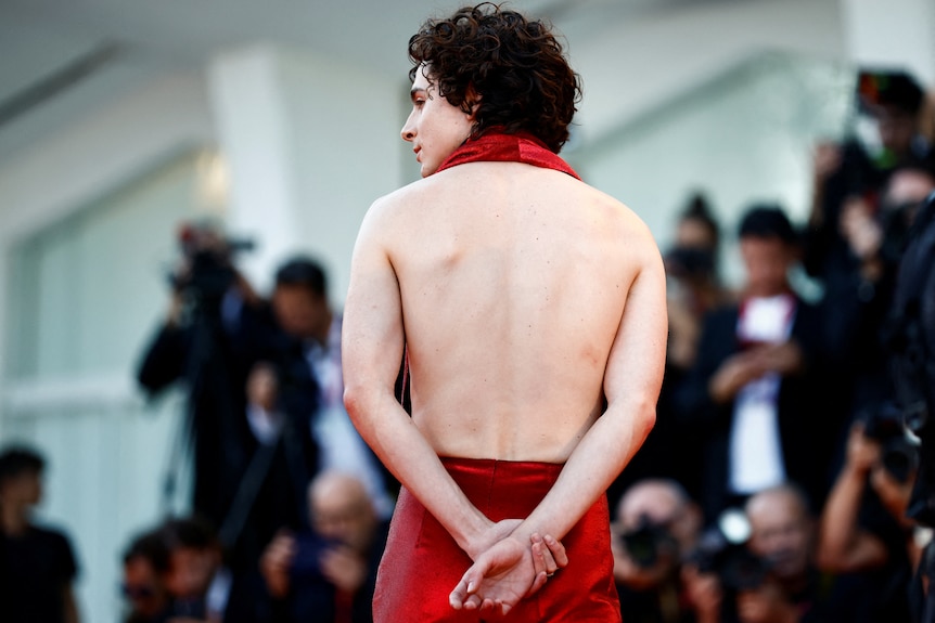 Timothée Chalamet showed 'bones and all' in the plunging Haider Ackermann piece.