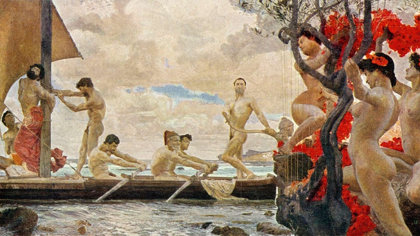 Painting depicting Odysseus having himself chained to the mast of his boat.