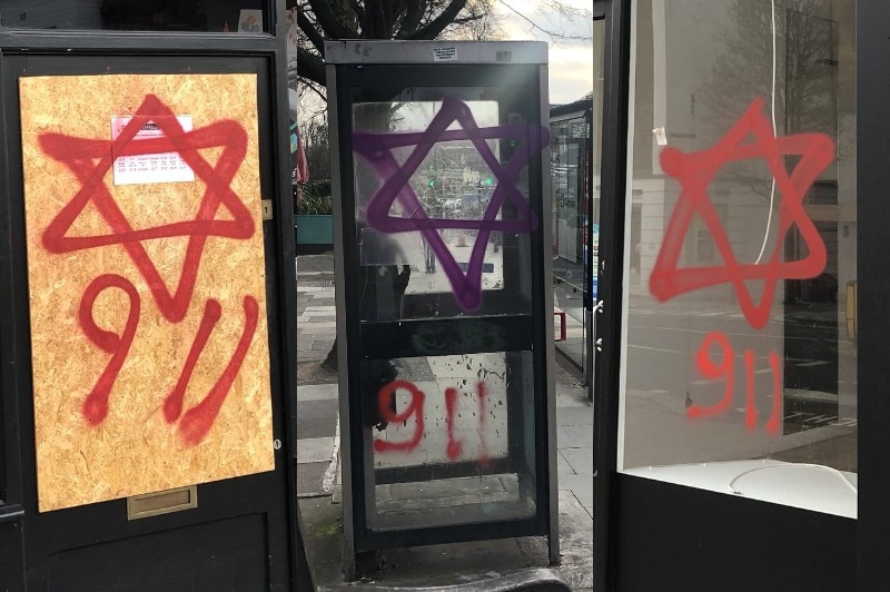 A three-column composite image shows anti-Semitic graffiti featuring the Star of David in red and purple on window panes.