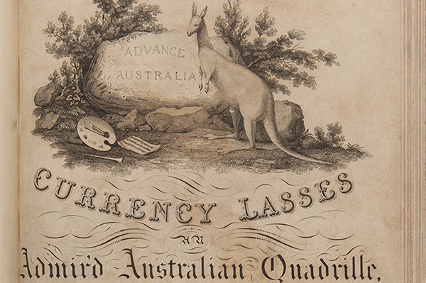 An old cover page for sheet music showing a drawn kangaroo, paint palette and shrubs with the title "Currency Lasses"