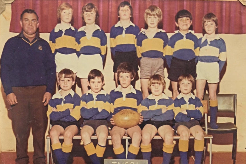 Gordi Kirkbank-Ellis pictured in his school rugby team photo at age 8 