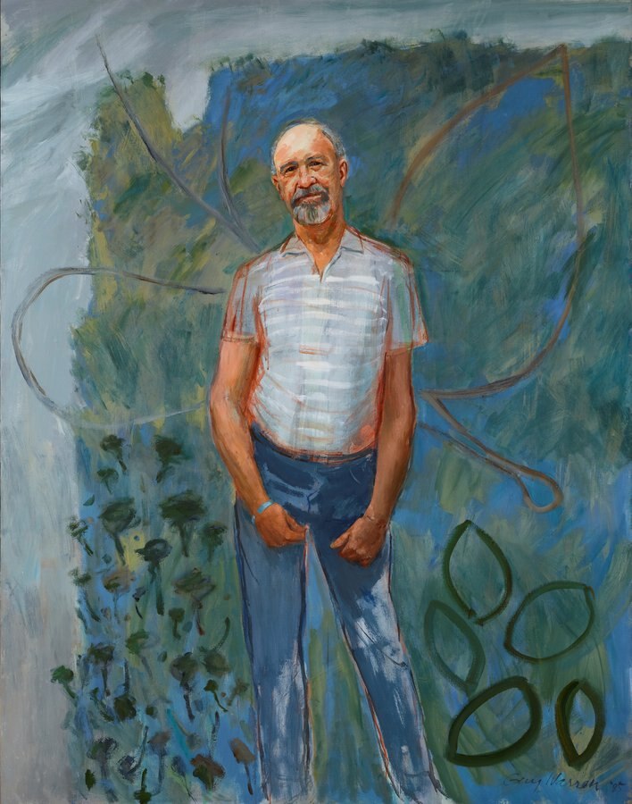 A painting of a man in his 50s with the outline of wings in the background