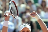 Samantha Stosur celebrates after winning her semi-final at the French Open.